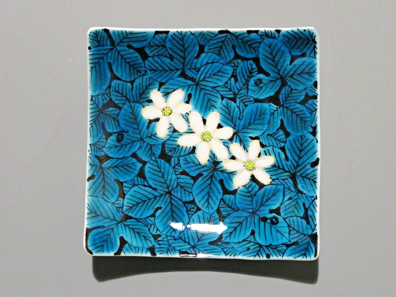 餐具 碟子套装 蓝釉花纹方形小碟 手绘 5只 山口义博 九谷烧 陶瓷器