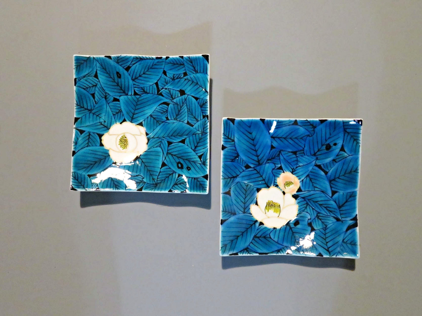 餐具 蓝釉椿纹方盘 手绘 2个套装 山口义博 九谷烧 陶瓷器