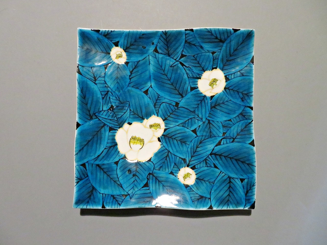 餐具 藍釉椿紋方盤 手繪 山口義博 九谷燒 陶瓷器