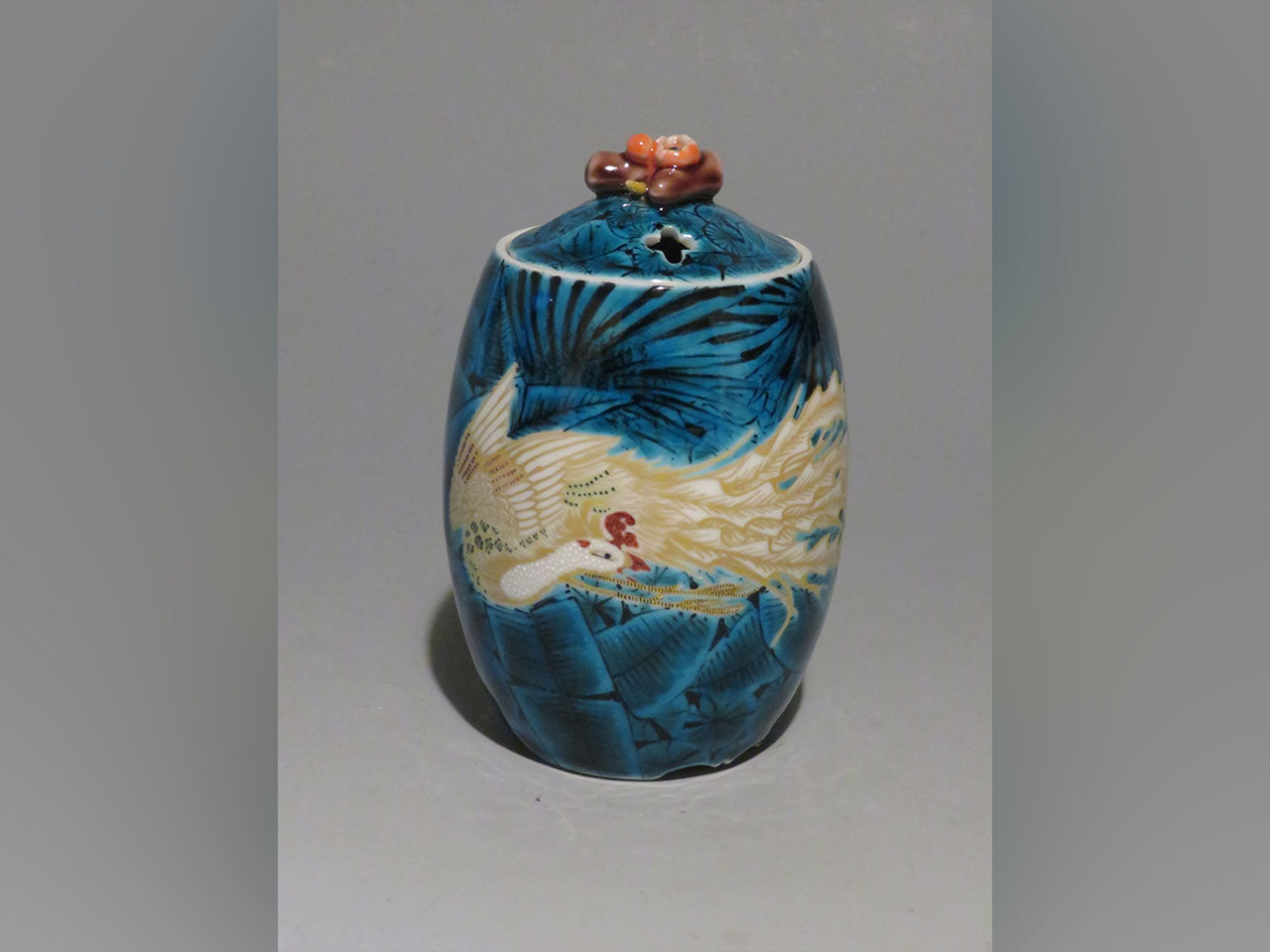 装饰摆件 蓝釉金凤凰纹香炉 手绘 山口义博 九谷烧 陶瓷器