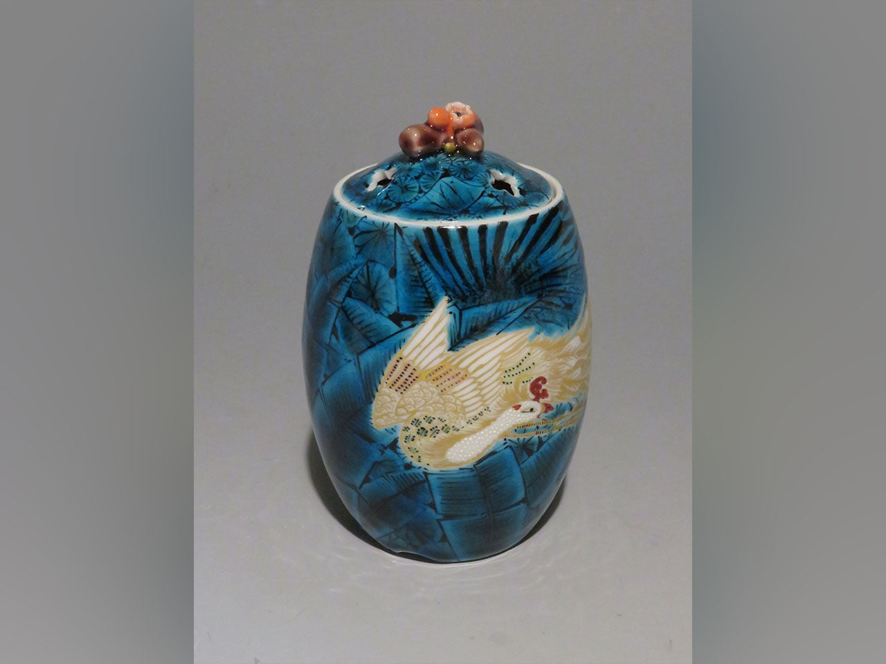裝飾擺件 藍釉金鳳凰紋香爐 手繪 山口義博 九谷燒 陶瓷器