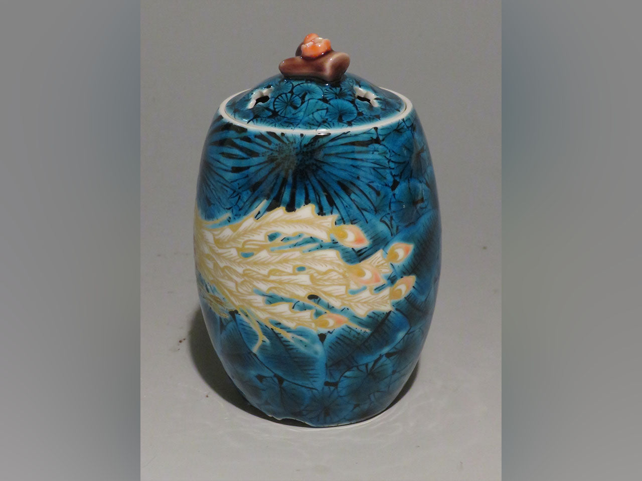 Ornament, Incense burner, Blue type, Gold painting, Phoenix, Hand-drawn - Yoshihiro Yamaguchi, Kutani ware, Ceramics