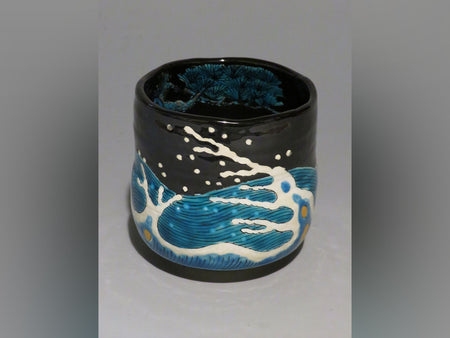 茶道用品 黑釉松波紋茶碗 手繪 山口義博 九谷燒 陶瓷器