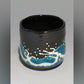 Tea ceremony utensils, Cylindrical matcha tea bowl, Black glaze, Wave and pine tree, Hand-drawn - Yoshihiro Yamaguchi, Kutani ware, Ceramics