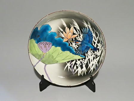 裝飾品 彩盤 吹墨釉彩蓮花翠鳥紋 手繪 山口義博 九谷燒 陶瓷器