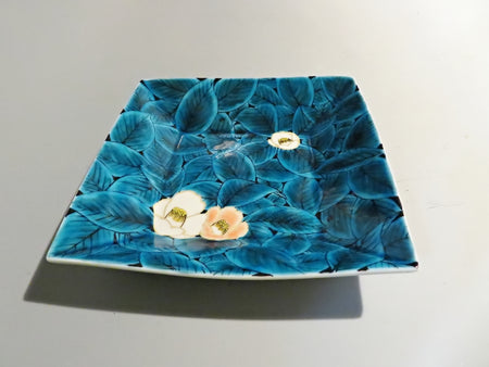 餐具 蓝釉椿纹方钵  手绘 山口义博 九谷烧 陶瓷器