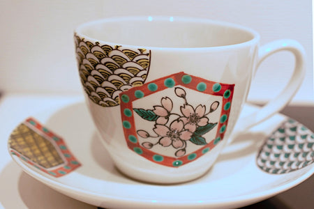 Cafe supplies, Coffee cup and saucer, Small Cherry blossom and green dots, Hand-drawn - Yoshihiro Yamaguchi, Kutani ware, Ceramics