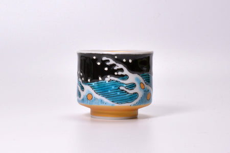 Drinking vessel, Large sake cup, Black glazed, Wave, Hand-drawn - Yoshihiro Yamaguchi, Kutani ware, Ceramics