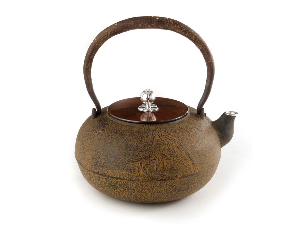 Tea supplies, Iron kettle, Flat round Bamboo and sparrow pattern 1.2L - Seiko Sato, Yamagata cast iron, Metalwork