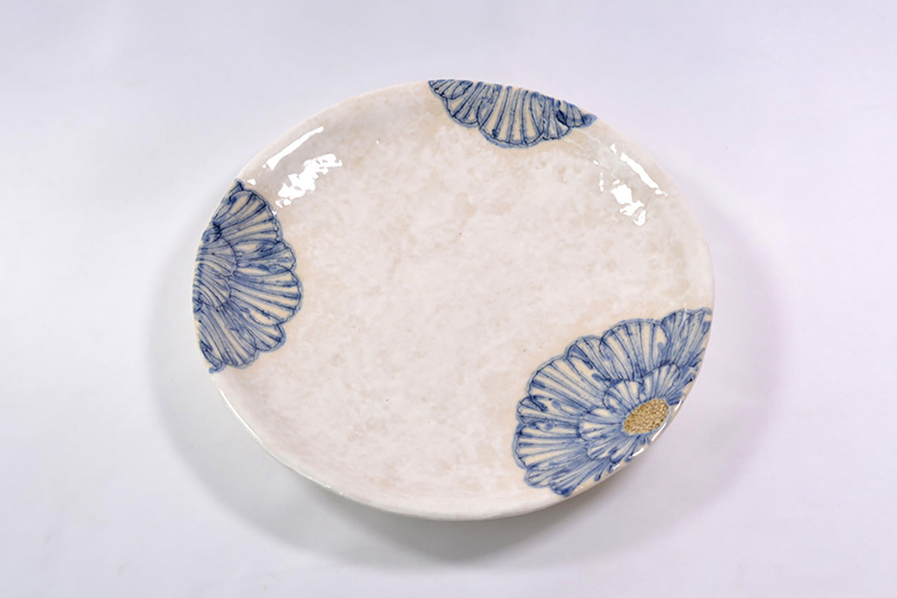 餐具 粉引牡丹圓盤 6.5寸 藍色 松泉窯 加藤芳平 美濃燒 陶瓷器