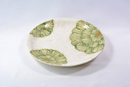 餐具 粉引牡丹圓盤 7.5寸 綠色 松泉窯 加藤芳平 美濃燒 陶瓷器