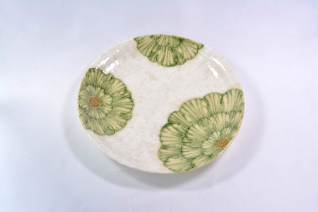 餐具 粉引牡丹圓盤 7.5寸 綠色 松泉窯 加藤芳平 美濃燒 陶瓷器