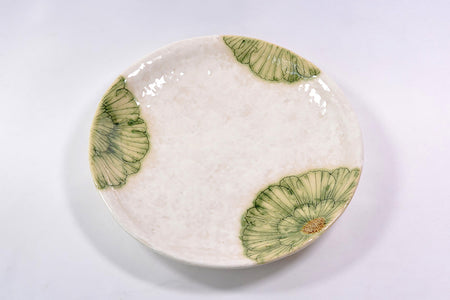 餐具 粉引牡丹圆盘 6.5寸 绿色 松泉窑 加藤芳平 美浓烧 陶瓷器