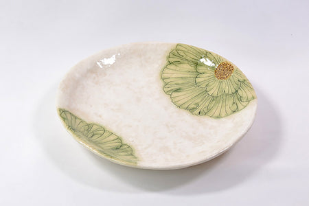 餐具 粉引牡丹圓盤 5.5寸 綠色 2個 松泉窯 加藤芳平 美濃燒 陶瓷器
