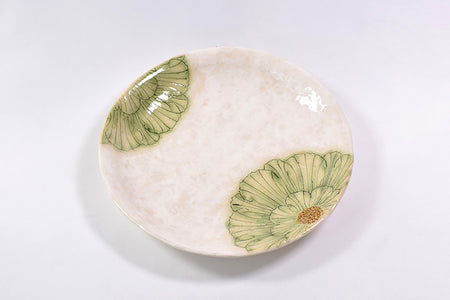 餐具 粉引牡丹圆盘 5.5寸 绿色 2个 松泉窑 加藤芳平 美浓烧 陶瓷器