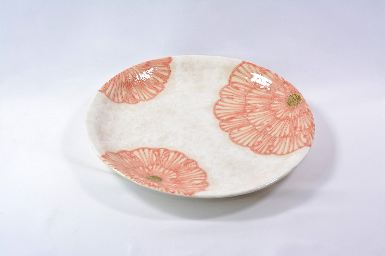 餐具 粉引牡丹圓盤 7.5寸 紅色 松泉窯 加藤芳平 美濃燒 陶瓷器