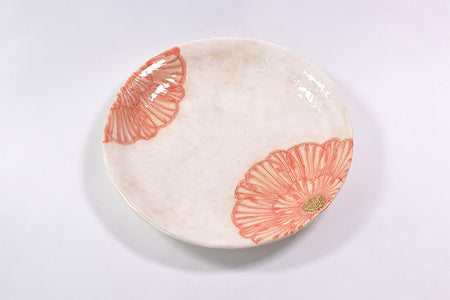 餐具 粉引牡丹圓盤 5.5寸 紅色 2個 松泉窯 加藤芳平 美濃燒 陶瓷器