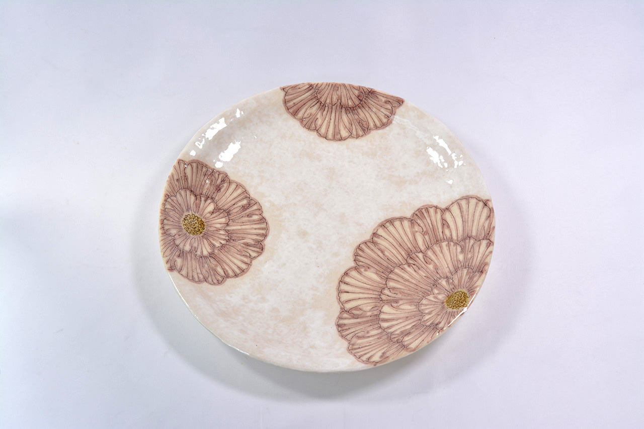 餐具 粉引牡丹圓盤 7.5寸 紫色 松泉窯 加藤芳平 美濃燒 陶瓷器
