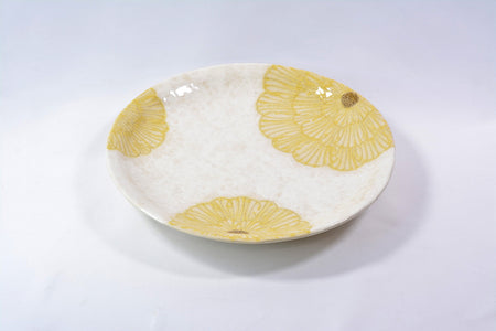 餐具 粉引牡丹圓盤 7.5寸 黃色 松泉窯 加藤芳平 美濃燒 陶瓷器