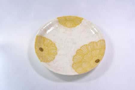 餐具 粉引牡丹圆盘 7.5寸 黄色 松泉窑 加藤芳平 美浓烧 陶瓷器