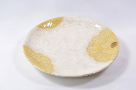 餐具 粉引牡丹圆盘 6.5寸 黄色 松泉窑 加藤芳平 美浓烧 陶瓷器