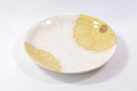 餐具 粉引牡丹圓盤 5.5寸 黃色 2個 松泉窯 加藤芳平 美濃燒 陶瓷器