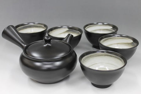 Tea supplies, Kyusu teapot, Black kiln-change, Set of 5 cups - Ukou-kiln, Tokoname ware, Ceramics
