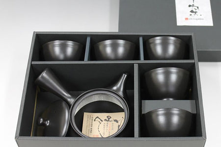 Tea supplies, Kyusu teapot, Black mud, Set of 5 cups - Ukou-kiln, Tokoname ware, Ceramics