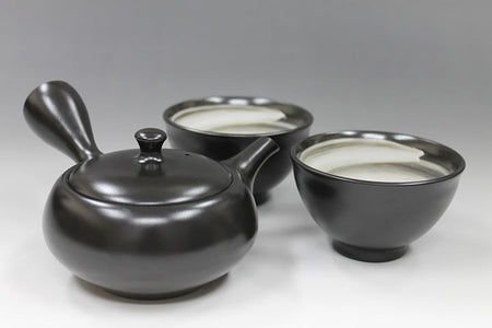 Tea supplies, Kyusu teapot, Black kiln-change, Kyo shape, Set of 2 cups - Ukou-kiln, Tokoname ware, Ceramics