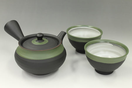 Tea supplies, Kyusu teapot, Black mud, Fuku shape, Green scarf, Set of 2 cups - Ukou-kiln, Tokoname ware, Ceramics