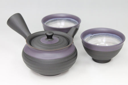 Tea supplies, Kyusu teapot, Black mud, Fuku shape, Purple scarf, Set of 2 cups - Ukou-kiln, Award-winning work, Tokoname ware, Ceramics