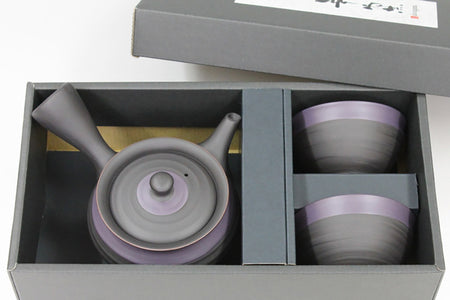 Tea supplies, Kyusu teapot, Black kiln-change, Fuku shape, Purple scarf, Set of 2 cups - Ukou-kiln, Award-winning work, Tokoname ware, Ceramics