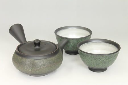 Tea supplies, Kyusu teapot, Black kiln-change, Mokko shape, Green belt, Set of 2 cups - Ukou-kiln, Tokoname ware, Ceramics