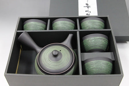 Tea supplies, Kyusu teapot, Black mud, Green brush mark, Set of 5 cups - Ukou-kiln, Tokoname ware, Ceramics