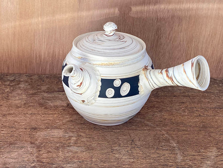 Tea supplies, Kyusu teapot, White marbled, Dot on black belt in the middle, Large - Kenji-kiln, Takumi Hotta, Tokoname ware, Ceramics
