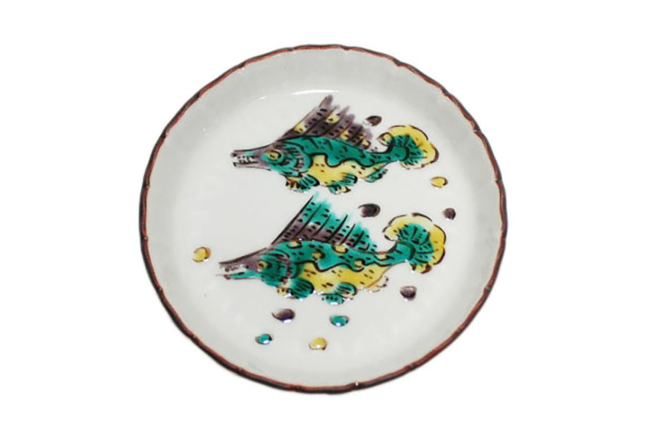 餐具 魯山人復刻 手繪雙魚紋 盤子 3寸 2個 九谷美陶園 寺前瑛生 九谷燒 陶瓷器