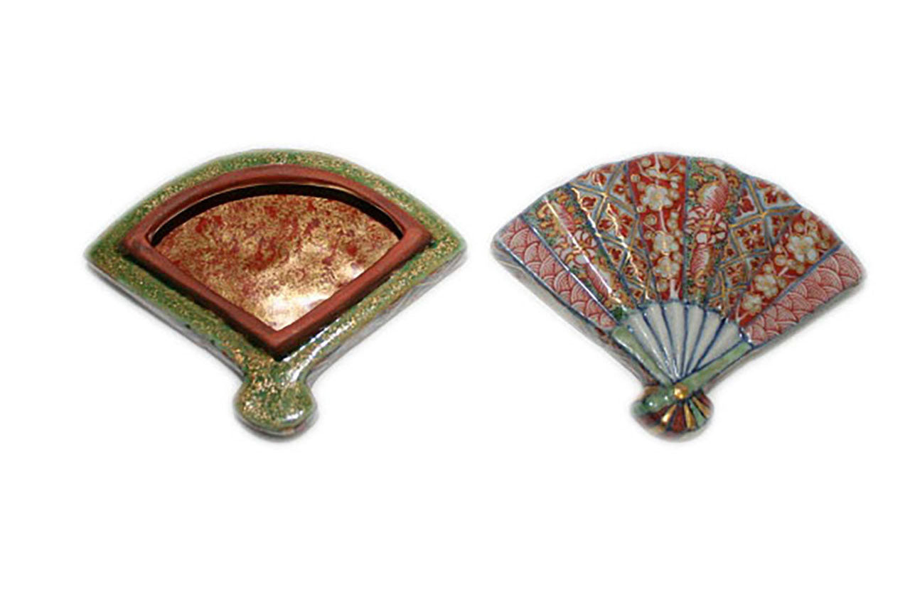 Tea ceremony utensils, Incense container, Fan, Hand-drawn - Kutani Bitouen, Eisyou Teramae, Kutani ware, Ceramics