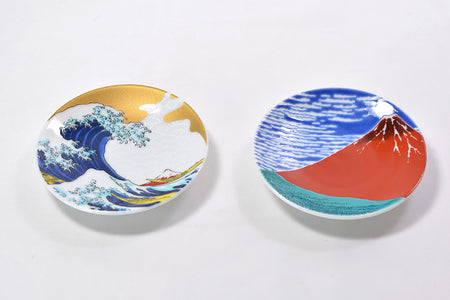 Drinkware/Table ware, Lucky omen, Sake cup & small dish, Wave, Red Mt. Fuji - Seikou-kiln, Kutani ware, Ceramics