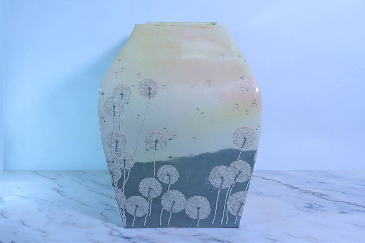 Flower vessel, ４ sided vase, Shiki-shoku-joumon, Large - Yume Kobayashi, Kasama ware, Ceramics