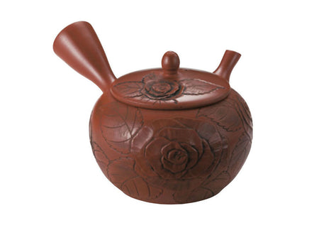 Tea supplies, Kyusu teapot, Vermilion clay, Rose carving, No.15 - Gyokko, Tokoname ware, Ceramics