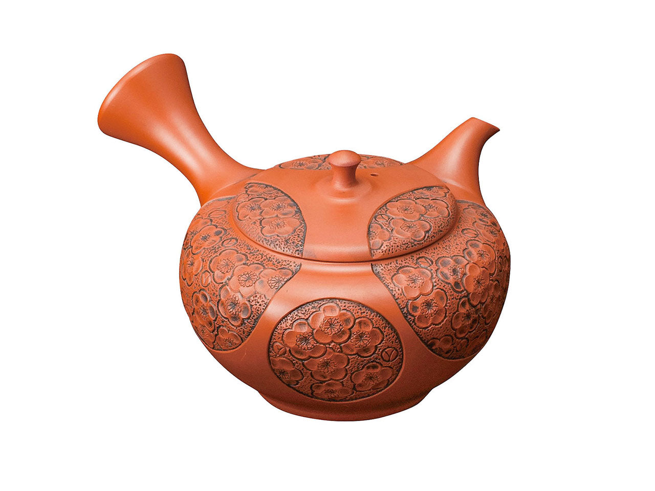 Tea supplies, Kyusu teapot with wooden box, Vermilion clay, Plum blossom carving, No.12 - Shunen, Tokoname ware, Ceramics