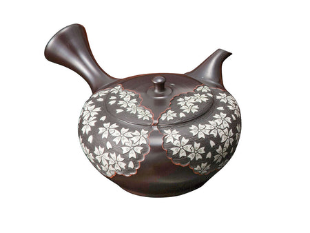 Tea supplies, Kyusu teapot with wooden box, Flat hexagon, Cherry blossom, Black, No.13 - Shunen, Tokoname ware, Ceramics