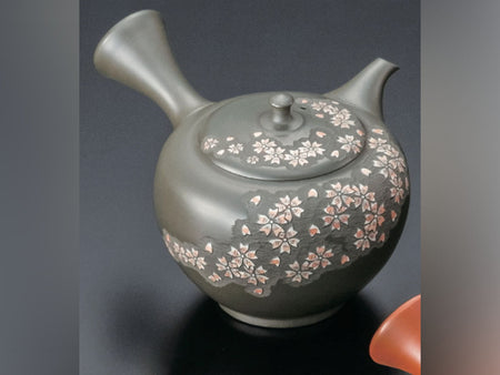 Tea supplies, Kyusu teapot with wooden box, Green clry, Round shape, Cherry blossom carving, No.13 - Shunen, Tokoname ware, Ceramics