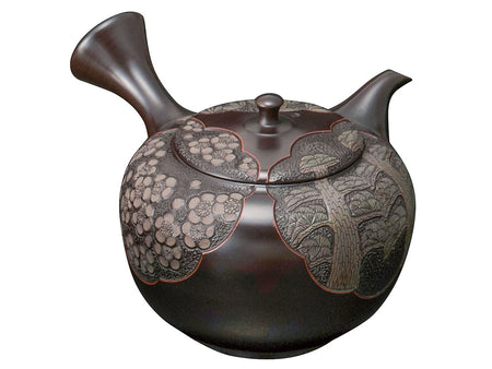 Tea supplies, Kyusu teapot with wooden box, Round shape, Pine, Bamboo, Plum blossom, Black, No.15 - Shunen, Tokoname ware, Ceramics