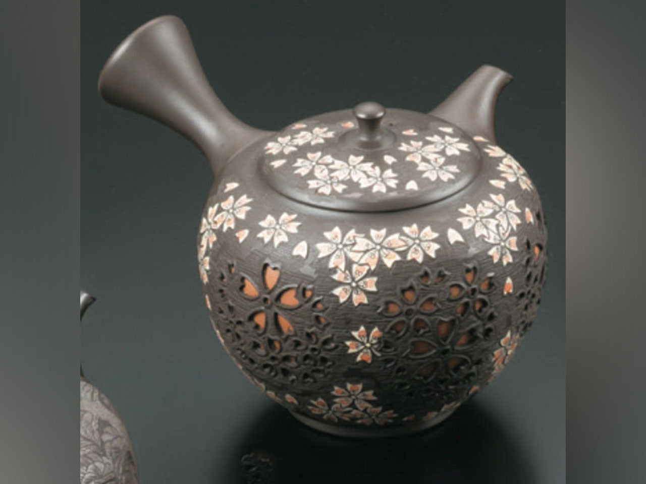 Tea supplies, Kyusu teapot, Round Hexagon, Cherry blossom openwork, Black, No.17 - Shunen, Tokoname ware, Ceramics