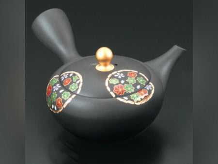 Tea supplies, Kyusu teapot with gift box, Flat round, Picture in a gold circle, Black, No.13 - Shoho, Tokoname ware, Ceramics